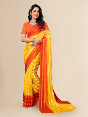 Moda Rapido Striped Daily Wear Satin Saree(Yellow)
