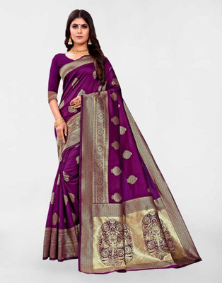 Samah Woven, Embellished, Self Design Banarasi Silk Blend, Jacquard Saree(Magenta, Gold)