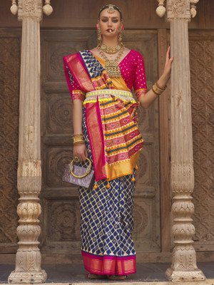 Sareemall Woven Banarasi Silk Blend Saree(Dark Blue)