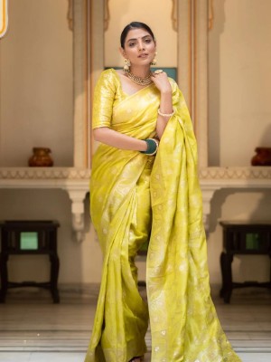 SEASON FAB Self Design, Applique, Blocked Printed, Checkered Banarasi Jacquard, Art Silk Saree(Yellow)