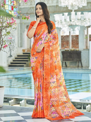 Anouk Rustic Printed Daily Wear Chiffon Saree(Orange)