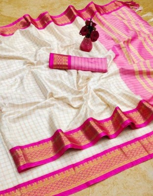 Rizanx Checkered, Embellished, Solid/Plain, Woven Bollywood Cotton Silk, Pure Silk Saree(Pink, White)