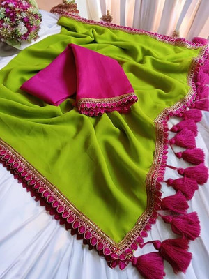 Online Bazaaar Solid/Plain, Embroidered Bollywood Georgette Saree(Light Green)