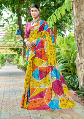 Divastri Blocked Printed, Printed Chanderi Cotton Blend Saree(Yellow)