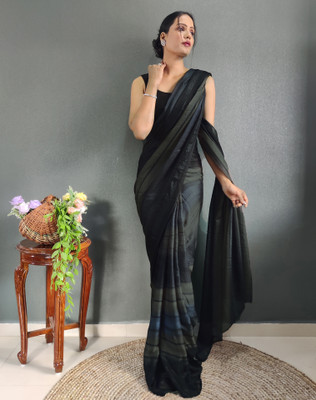 Tasrika Printed, Embellished, Striped Bollywood Chiffon, Georgette Saree(Beige, Blue, Black)