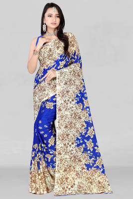 Leelavati Floral Print Bollywood Georgette Saree(Blue, Beige)