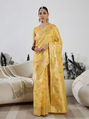 Vichitra Woven, Self Design Banarasi Cotton Blend, Jacquard Saree(Yellow)