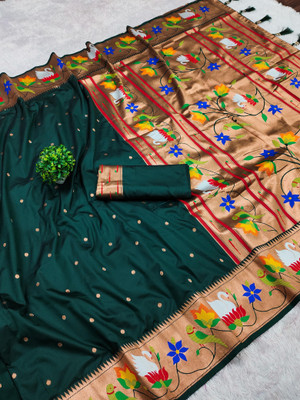 PANZORA Woven Paithani Cotton Silk Saree(Dark Green)