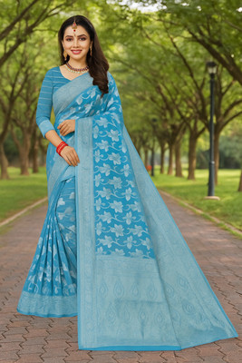 Saadhvi Woven Banarasi Cotton Blend Saree(Light Blue)