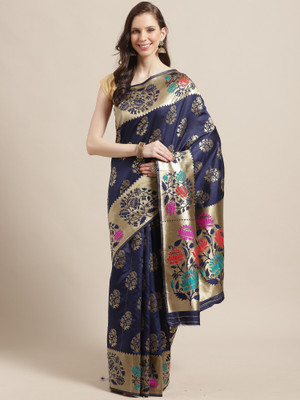 Ratnavati Woven, Embellished, Floral Print Banarasi Silk Blend Saree(Dark Blue)