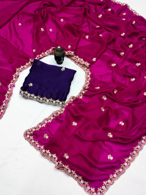 BrownSoilOrganics Embellished, Floral Print Bollywood Satin Saree(Red, Purple)