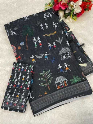 KHANUDI Digital Print Bollywood Handloom Cotton Linen Saree(Multicolor)