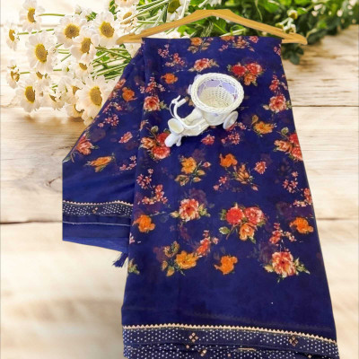 Majisasari Printed Bandhani Chiffon Saree(Dark Blue)