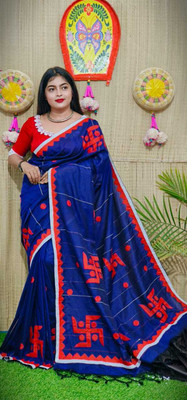 ANJALI TEXTILES Applique Handloom Cotton Blend Saree(Blue)