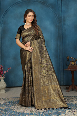 kevami fashion Woven Kanjivaram Cotton Blend Saree(Black)