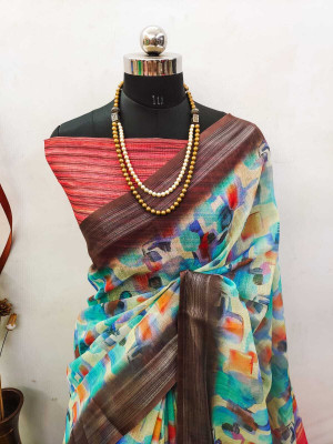 HouseOfCommon Self Design Bollywood Cotton Linen, Linen Saree(Multicolor)