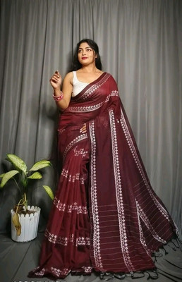 ADbutiq Digital Print Bollywood Handloom Pure Cotton Saree(White)