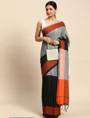 TWRIL Solid/Plain Handloom Cotton Blend Saree(Multicolor)