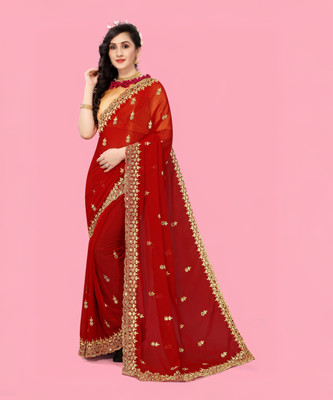 vaidehicreation Embellished Bollywood Net, Art Silk Saree(Orange)