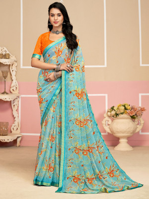 PANZORA Floral Print Daily Wear Chiffon Saree(Light Blue)