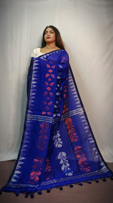 GANESH PLASTIC Self Design Jamdani Cotton Silk Saree(Blue)