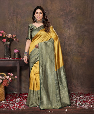 YASHIKA Woven Banarasi Cotton Silk, Jacquard Saree(Yellow)