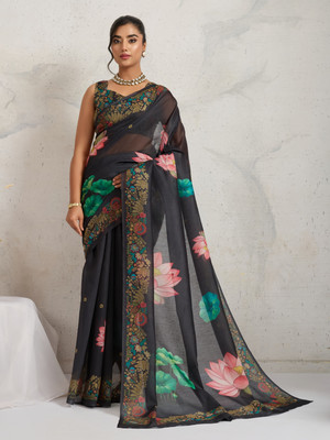 Rachna Floral Print Bollywood Cotton Blend Saree(Black)