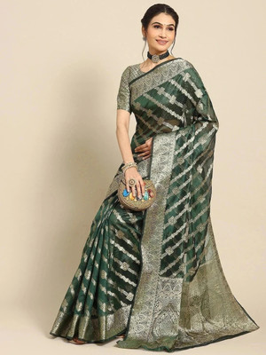 SHRIMAY Floral Print Bollywood Net, Organza Saree(Dark Green)