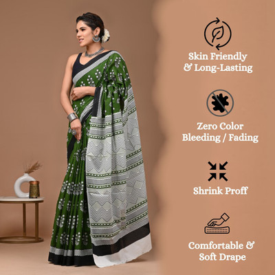 Tetarwal Printed Daily Wear Pure Cotton Saree(Green, Black)