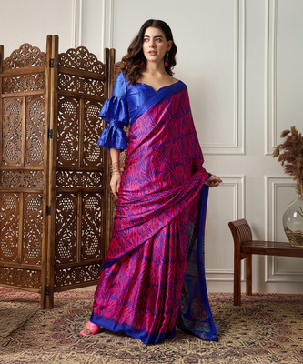 Sareemall Printed Hand Batik Satin Saree(Pink)