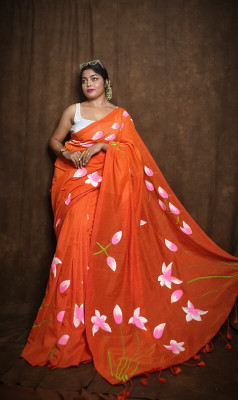BBSaree Hand Painted Bollywood Cotton Blend Saree(Orange)