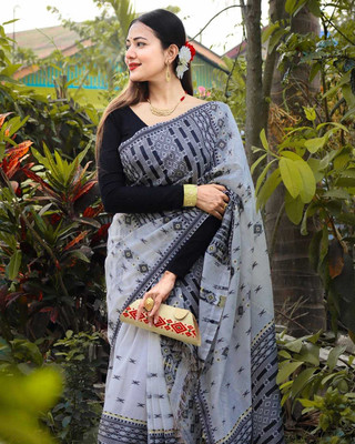 Divine Fabrics Woven Mekhela Chador Pure Cotton Saree(White)