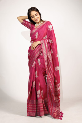 MIRCHI FASHION Printed, Blocked Printed Bollywood Cotton Silk, Silk Blend Saree(Pink, Cream)