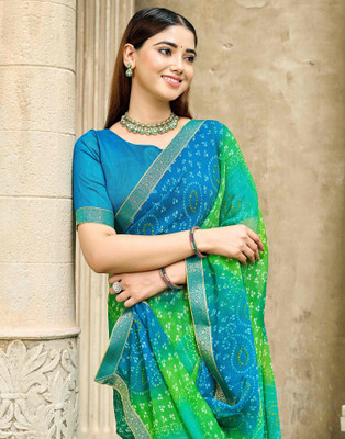 Samah Printed Bandhani Chiffon, Georgette Saree(Green, Blue)