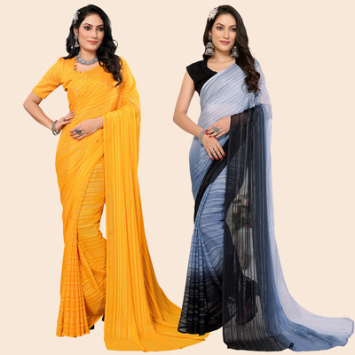 kashvi sarees Striped Bollywood Satin Saree(Pack of 2, Yellow, Grey, Black)