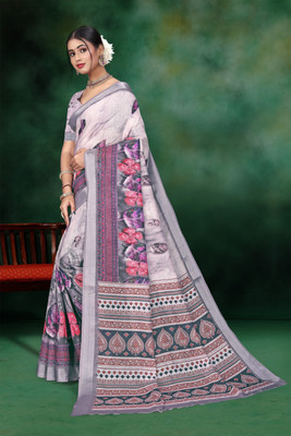 Pihu Sarees Printed Bollywood Cotton Linen Saree(Multicolor)