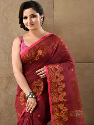 TANTLOOM Woven Bollywood Cotton Silk Saree(Brown)