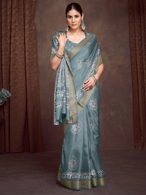 Sareemall Printed Hand Batik Silk Blend Saree(Light Green)