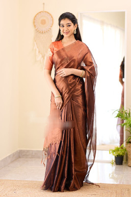 shringaar Solid/Plain Handloom Tissue Saree(Black)