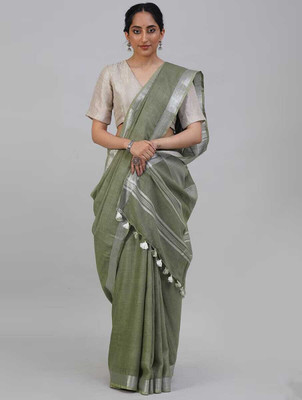 Hatha Karagha Solid/Plain Bhagalpuri Cotton Linen Saree(Green)