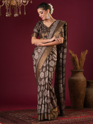 ANOUK Printed Chinnalapattu Silk Blend Saree(Brown)
