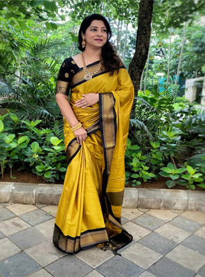 SGF11 Self Design Handloom Silk Blend Saree(Yellow, Black)