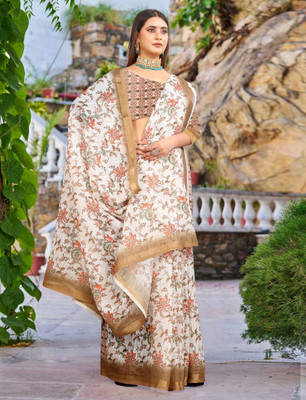 DEVICE of NT Color Block Kanjivaram Pure Cotton, Cotton Linen Saree(Multicolor, Beige)