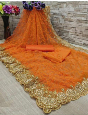 SkyFlock Embroidered, Embellished Bollywood Net Saree(Orange)