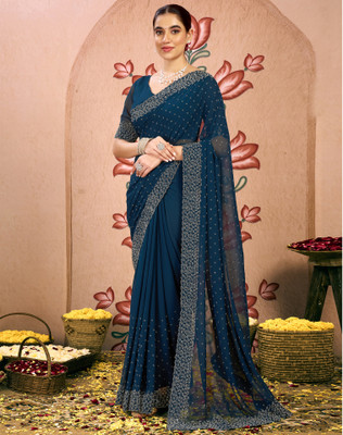 Satrani Embellished, Self Design Bollywood Georgette Saree(Blue)