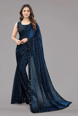 HouseOfCommon Embellished Bollywood Lycra Blend Saree(Blue)