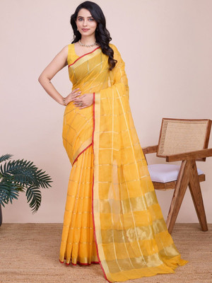 Moda Rapido Checkered Daily Wear Silk Blend Saree(Yellow)