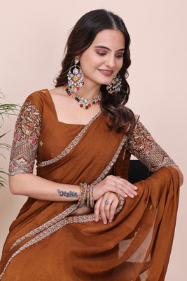 K 5 FASHION Self Design, Embroidered Bollywood Chiffon Saree(Mustard)