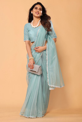 PATLANI STYLE Solid/Plain, Woven Bollywood Net Saree(Blue)