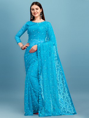 LOROFY Self Design Lucknow Chikankari Net Saree(Blue)